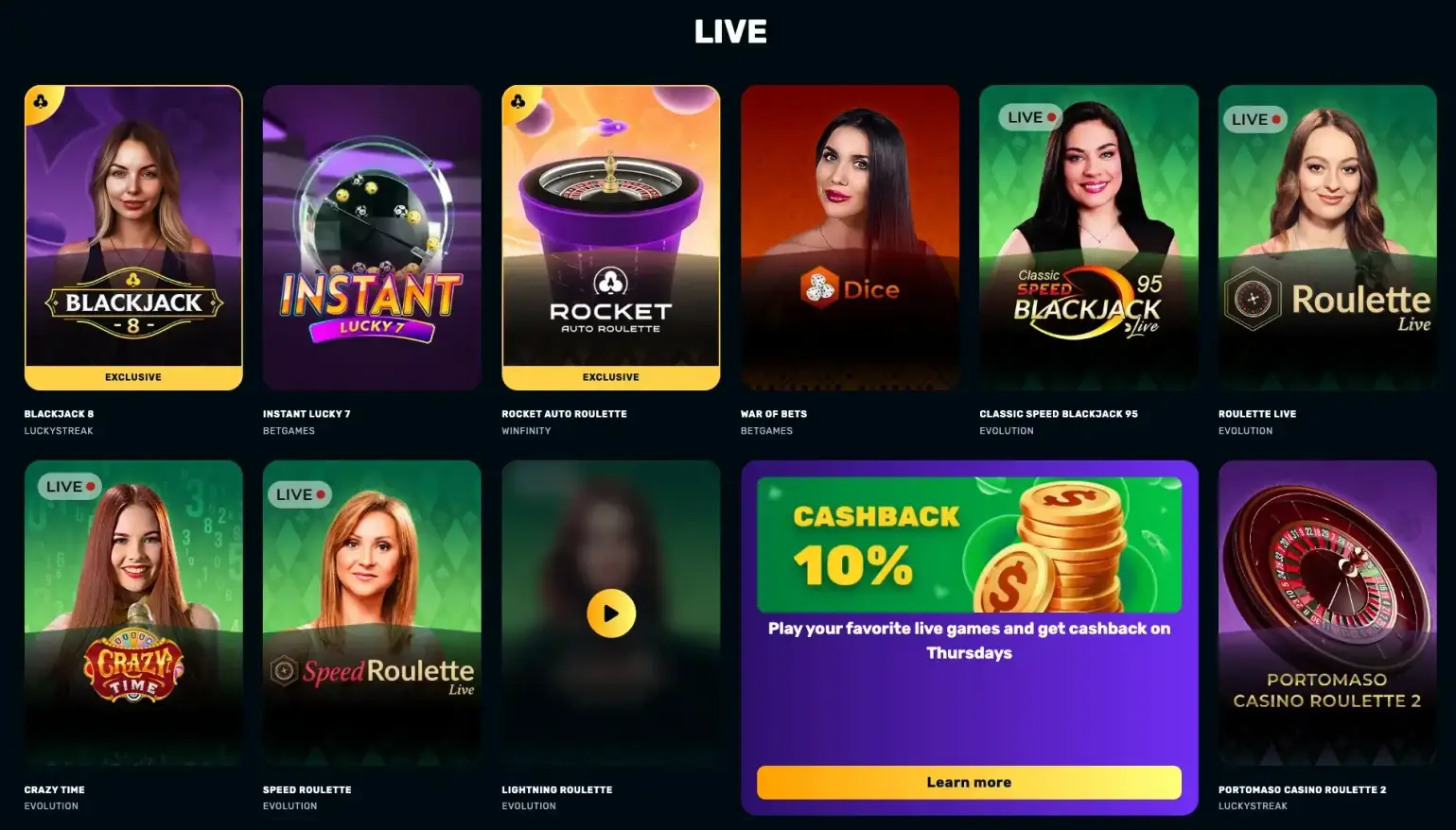 RocketPlay Live Casino games