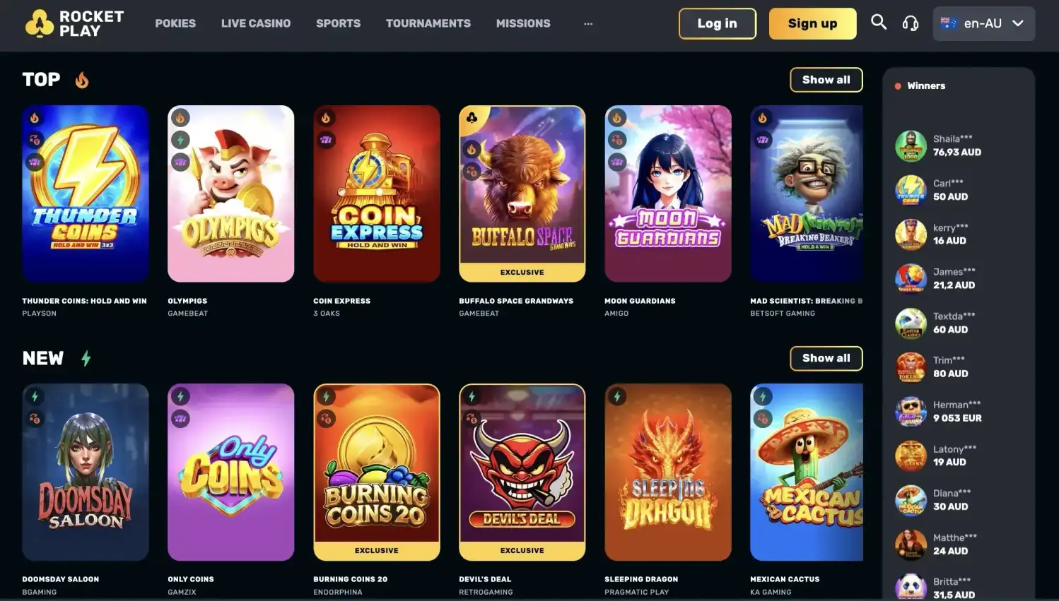 RocketPlay Casino official site, main page