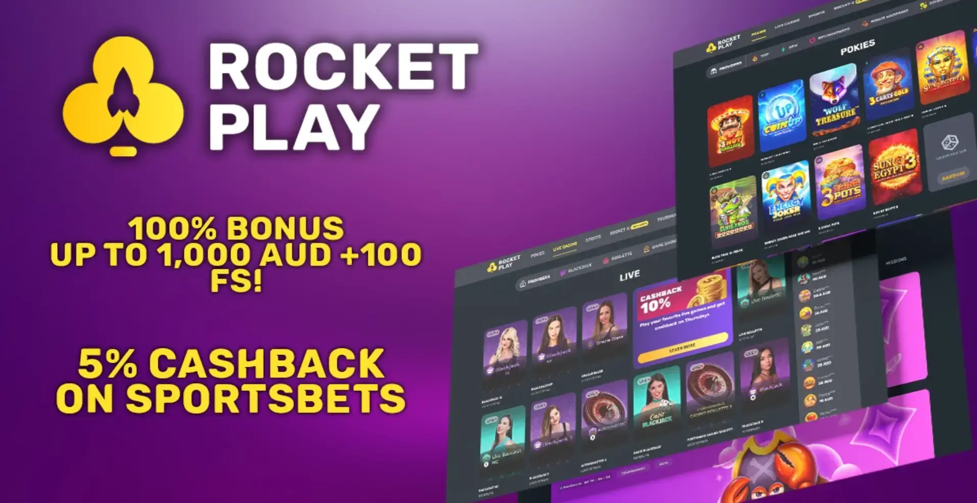 Rocket Play Casino Australia promo banner with 100$ Bonus up to 1000 AUD +100FS